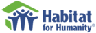 Habitat for Humanity logo with green roof, blue figures, and blue text on white background