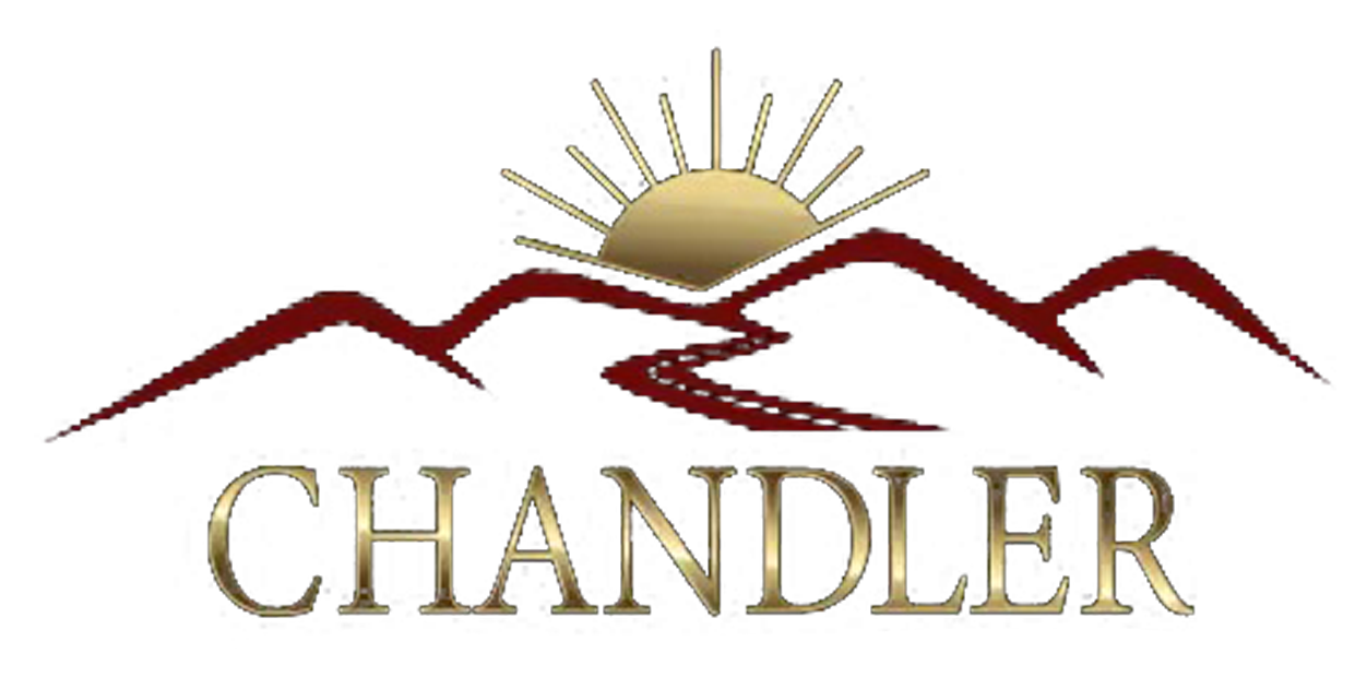 Logo for Chandler: Mountains, sun, and the name Chandler.