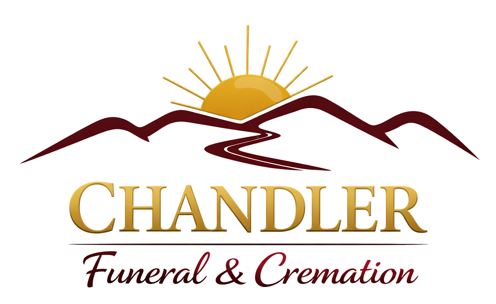 Logo for Chandler: Mountains, sun, and the name Chandler.