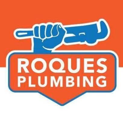 A logo for roques plumbing with a hand holding a pipe