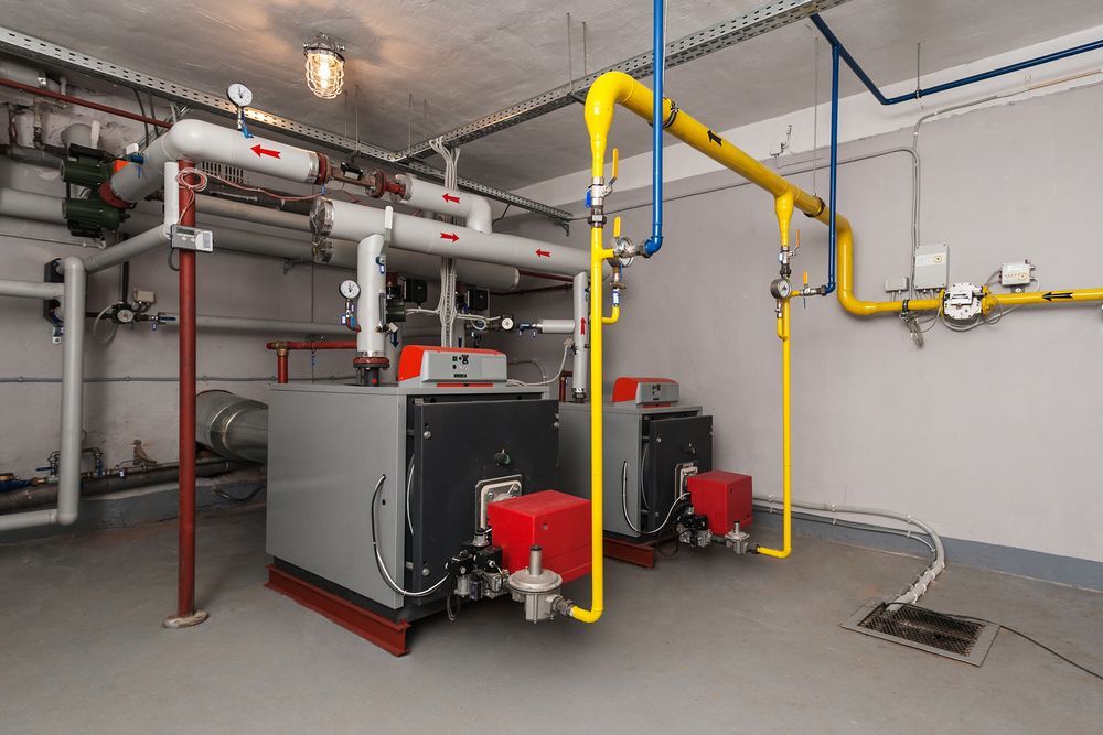 A room with two boilers and pipes in it.