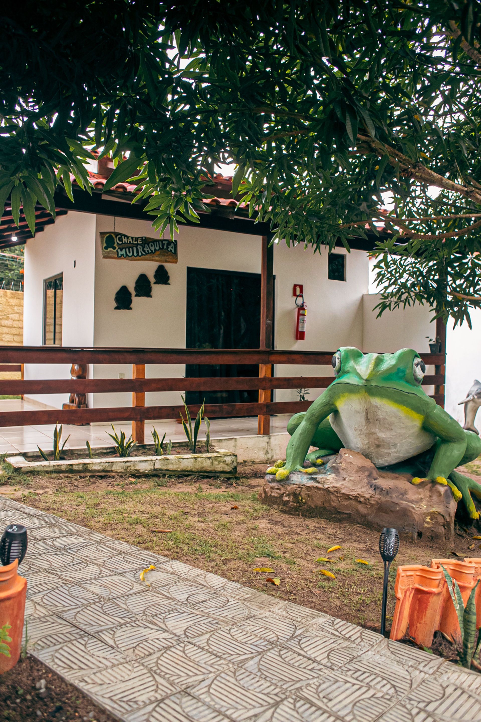 White building with a wooden fence, a large frog statue, and a brick path.