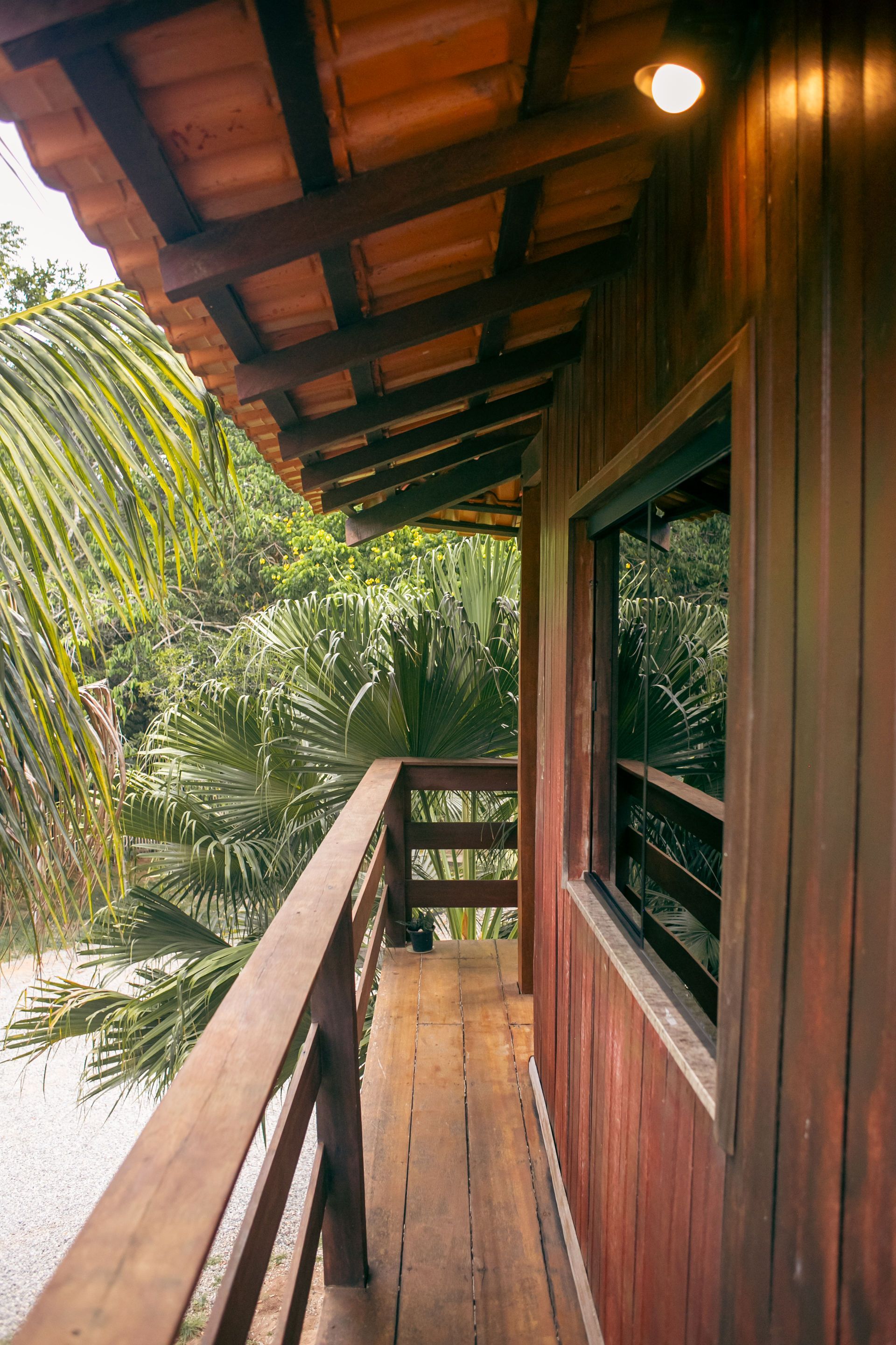 Wooden balcony overlooking lush green trees; brown walls and roof.