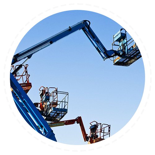 Two aerial lifts are against a blue sky in a circle.