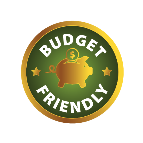 A green and gold circle with a piggy bank and the words budget friendly