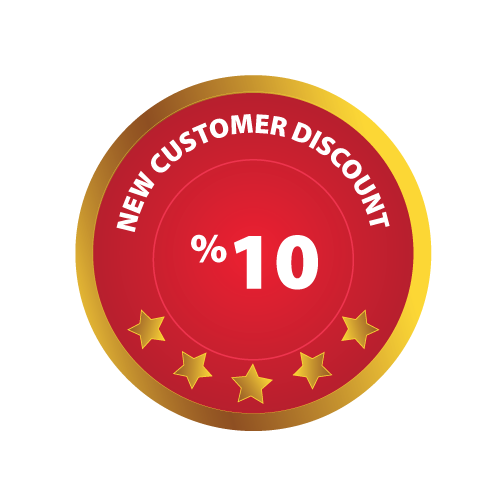A red and gold sticker that says new customer discount % 10