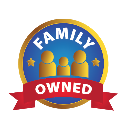 A family owned badge with a red ribbon