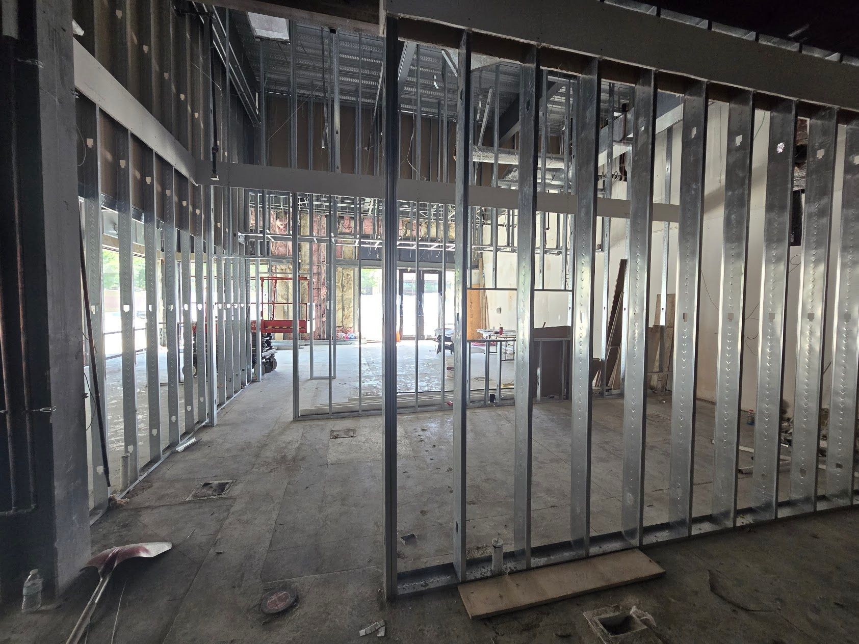 A building under construction with a lot of metal walls