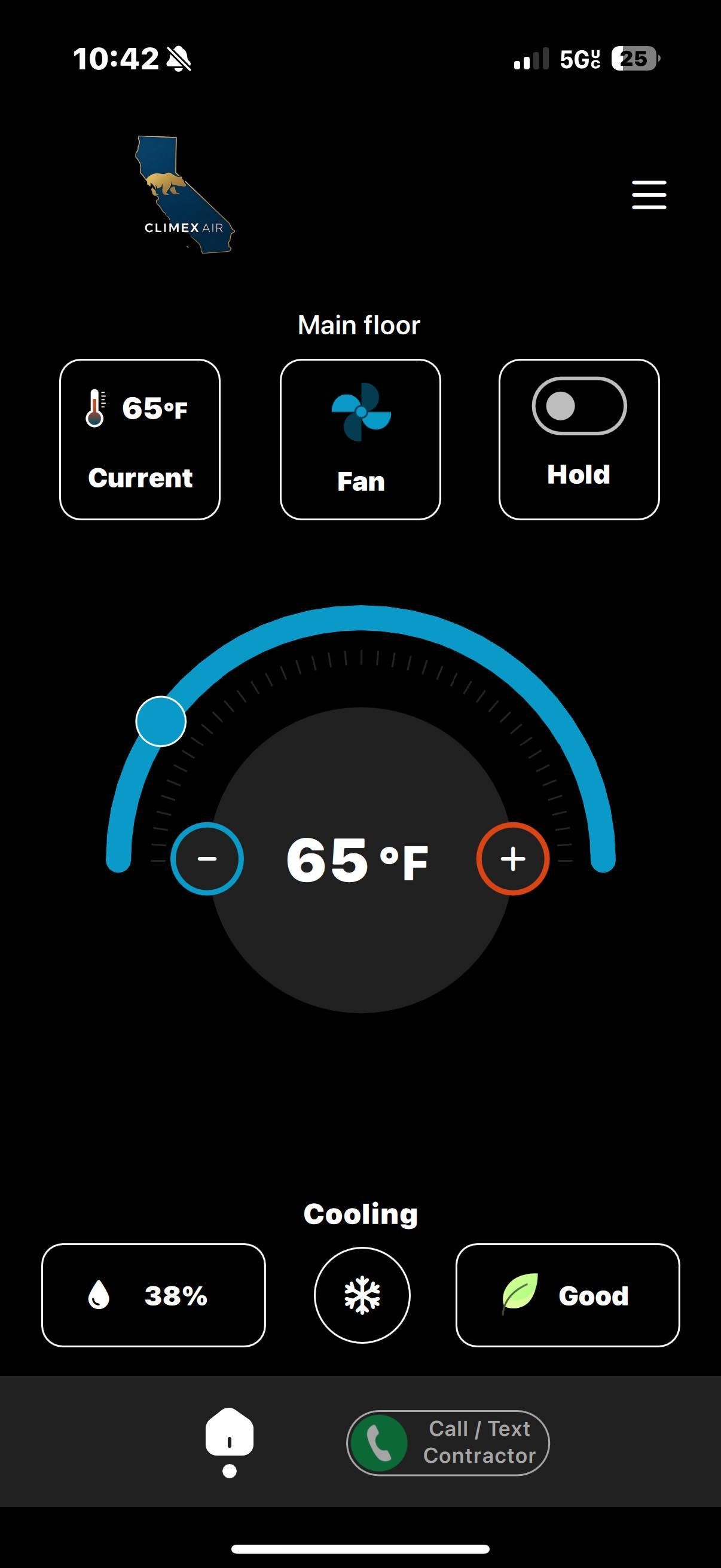 A phone screen shows a thermostat that is 65 degrees fahrenheit.