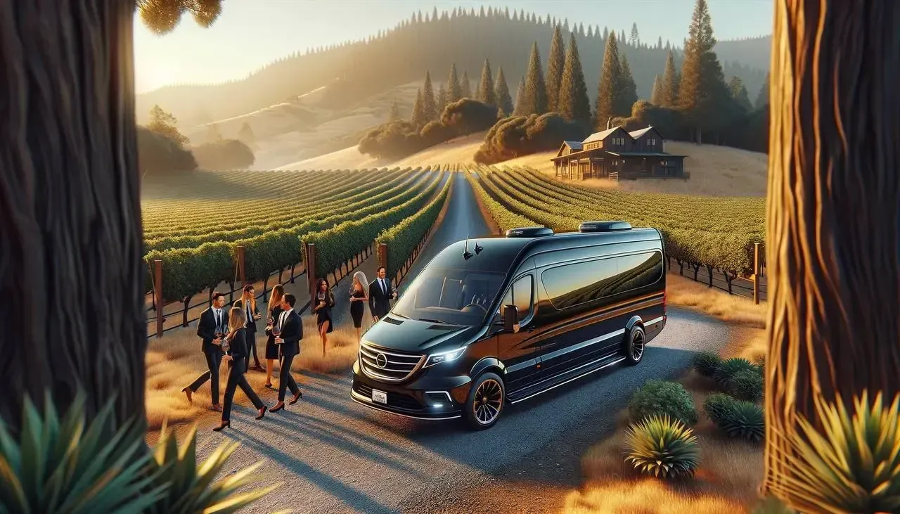 A van is parked on the side of a road next to a vineyard.