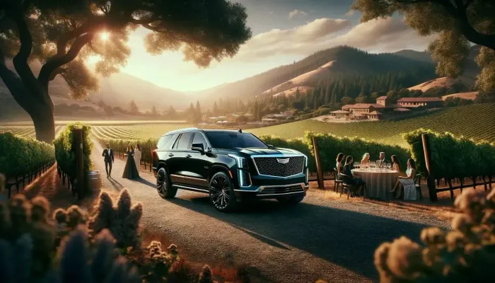 A black cadillac escalade is parked on the side of a road in a vineyard.