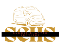 A logo for summit charter services with a van on it