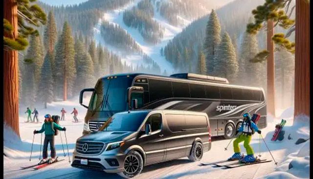 A bus and a van are parked in the snow.