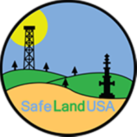 A logo for safe land usa with a tower and trees