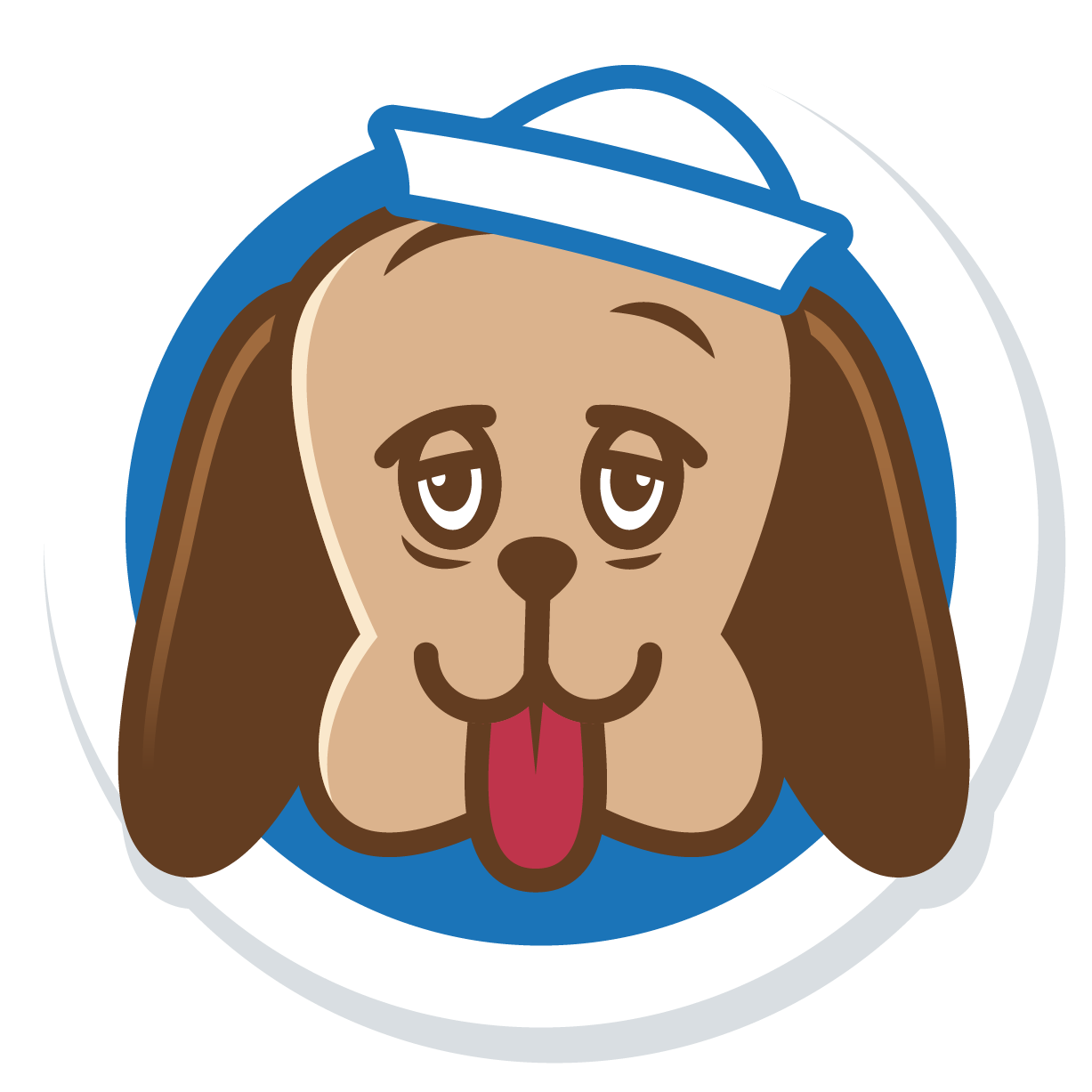 A cartoon dog wearing a sailor hat in a blue circle