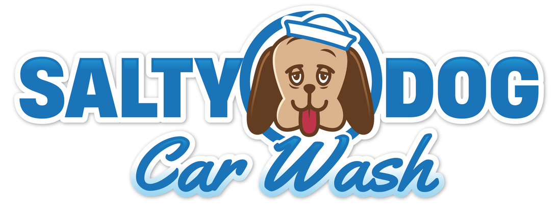 A cartoon dog wearing a white hat and a red tongue with the text Salty Dog Car Wash