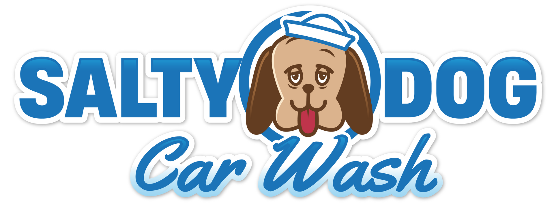 A cartoon dog wearing a white hat and a red tongue with the text Salty Dog Car Wash