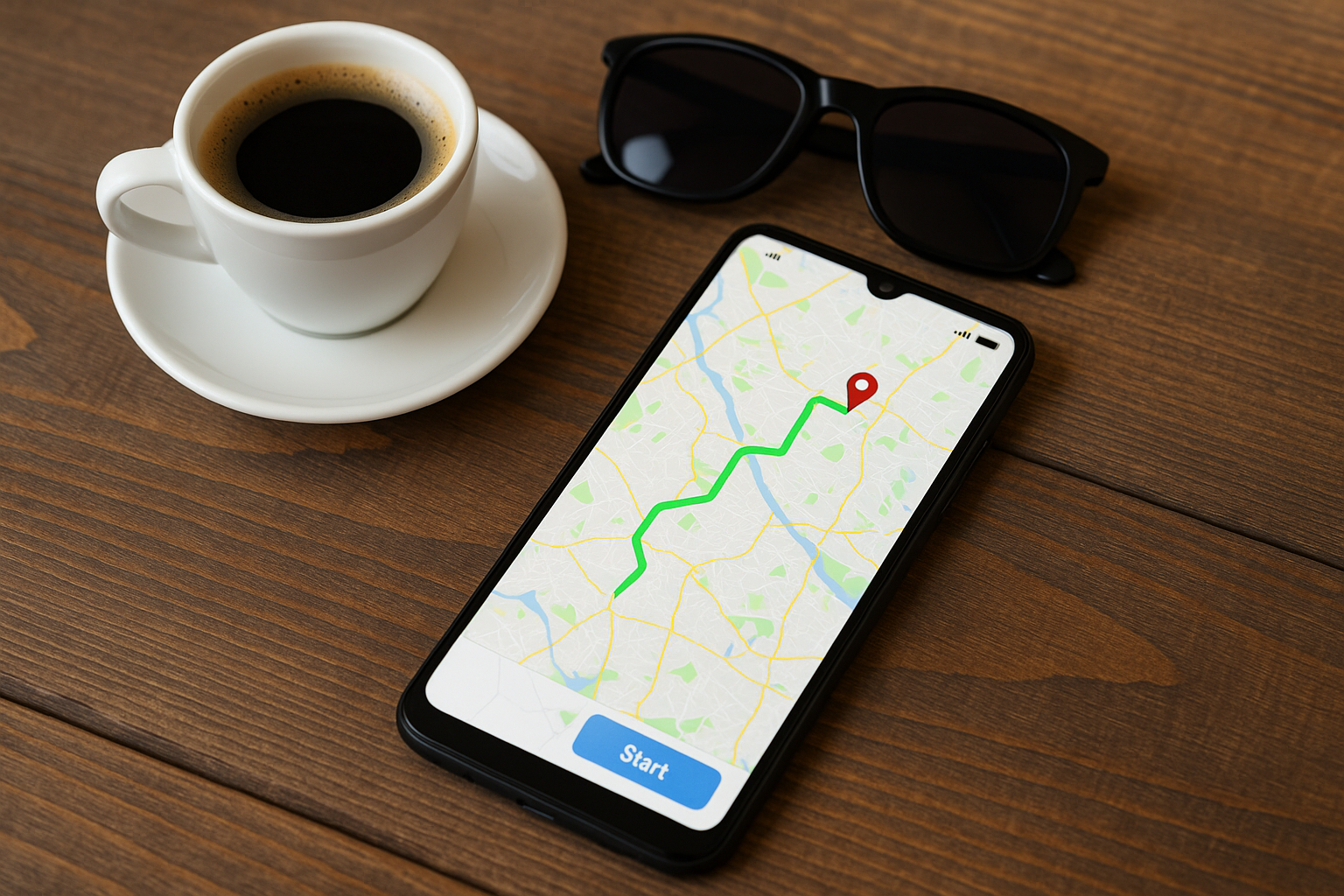 Celular com mapa aberto sobre uma mesa de madeira, ao lado de um café e óculos escuros