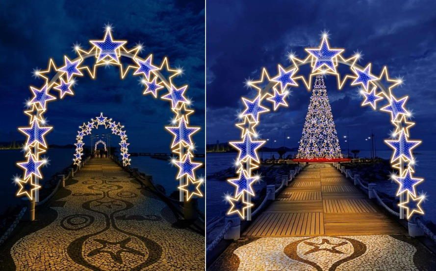 Arcos de estrelas azuis iluminadas sobre o píer à noite.