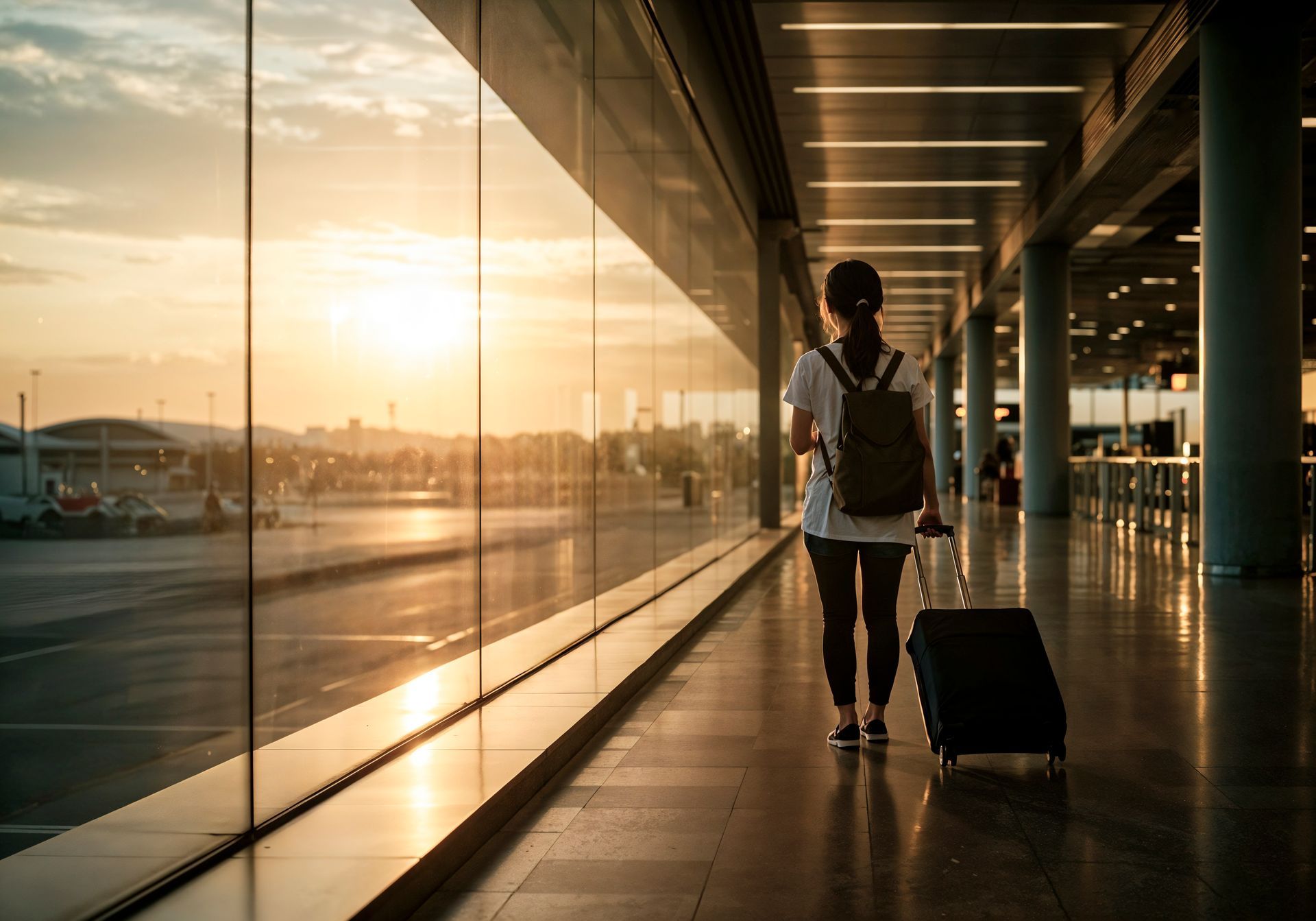 Viajante com bagagem caminha pelo terminal do aeroporto,  com o sol de fim de tarde iluminando o caminho.