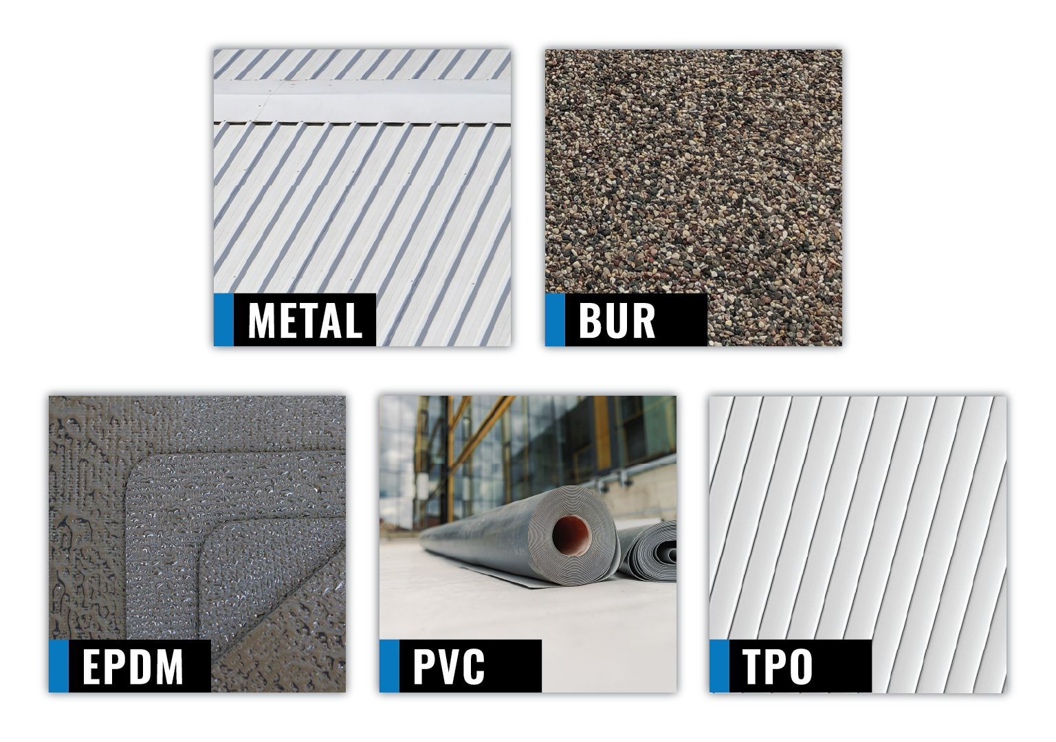 Image collage of common roofing materials. A collage of roofing materials, including METAL, BUR, EPDM, PVC, and TPO.
