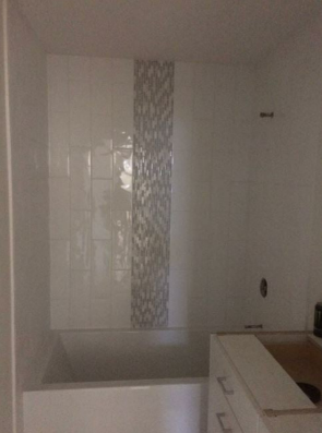 A bathroom with a bathtub and a shower.