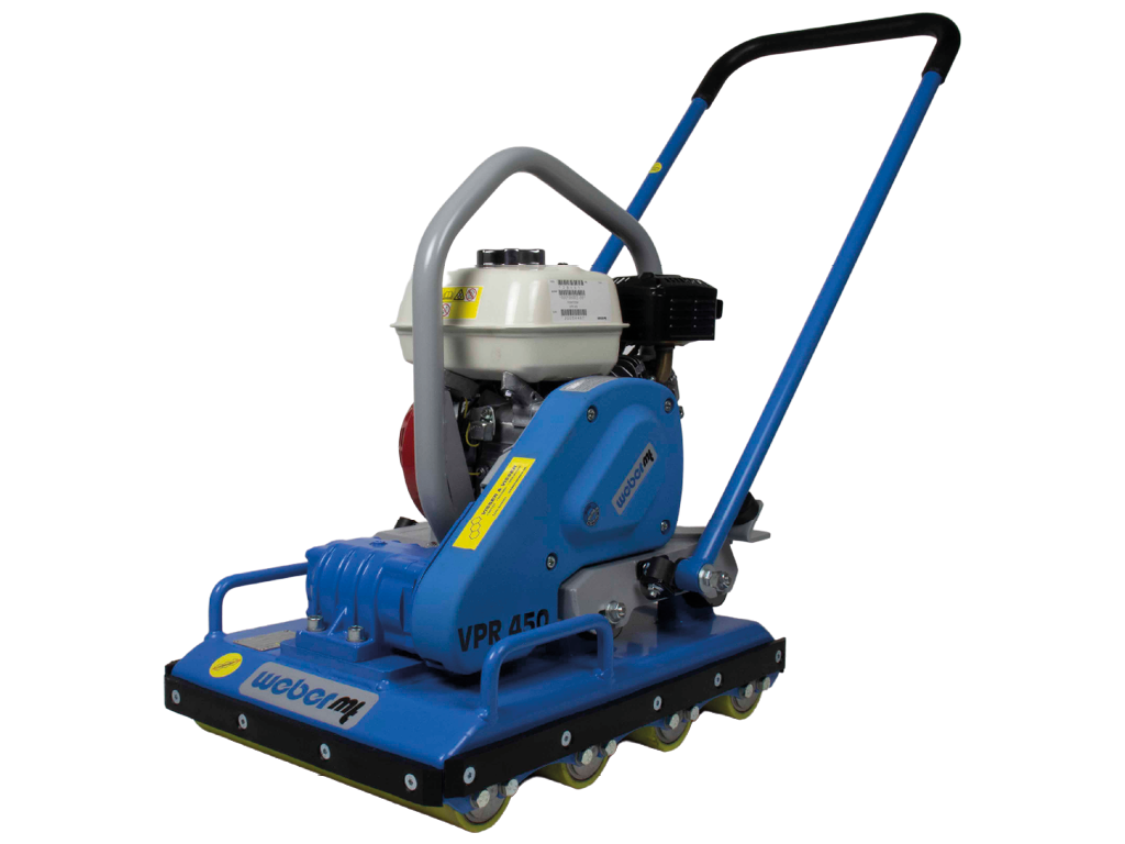 A blue and black machine with a handle and wheels on a white background.