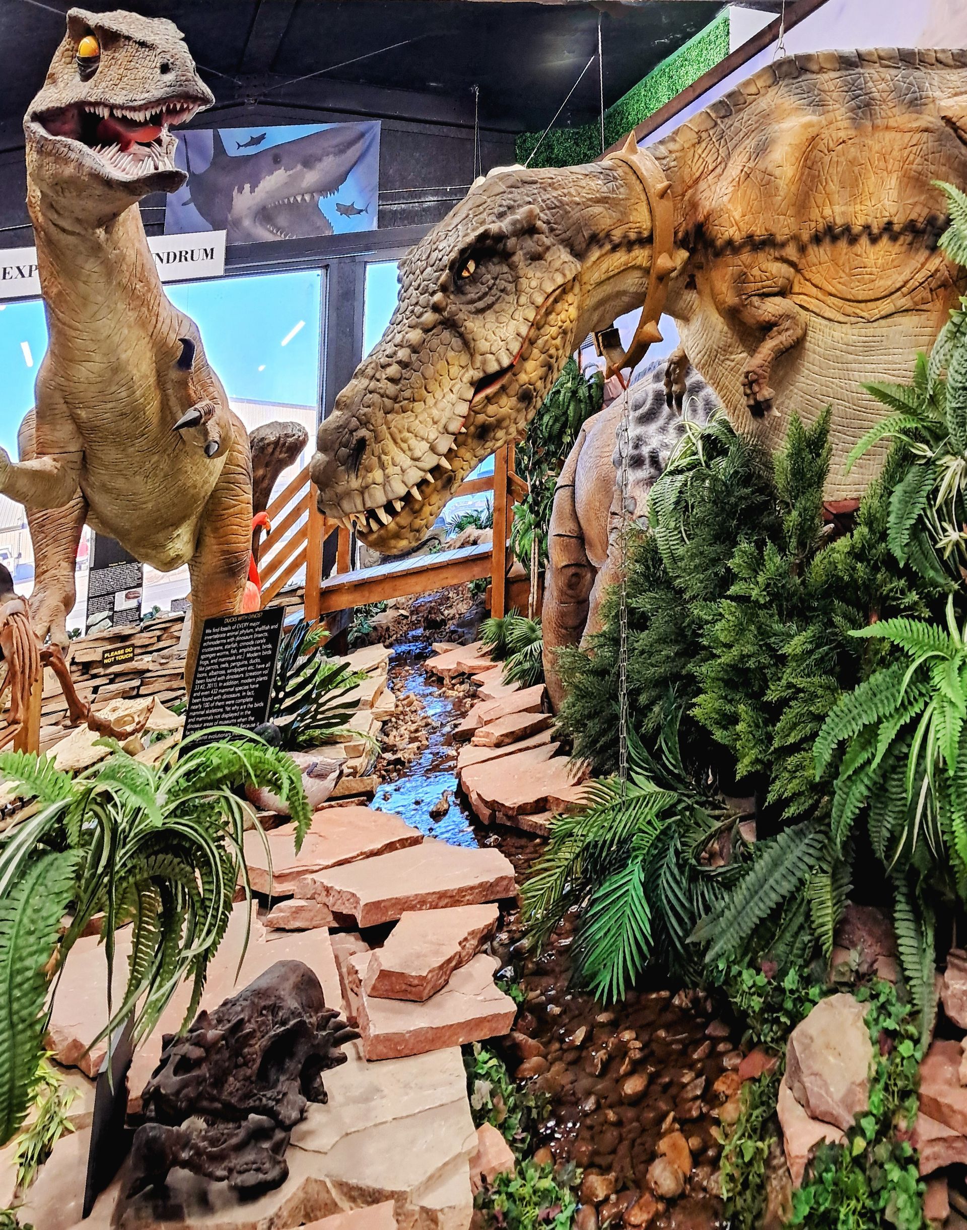 A couple of dinosaurs are standing next to each other 