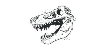 A black and white drawing of a dinosaur skull with its mouth open.