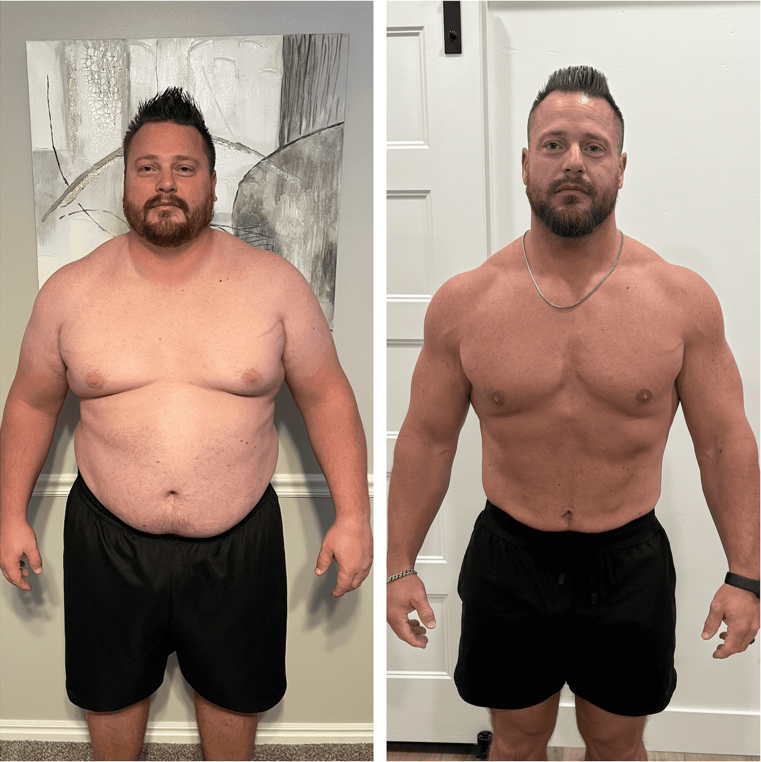 Side-by-side before-and-after photo of a man standing indoors, showing weight loss progress.
