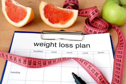 Weight loss plan sheet with grapefruit, green apple, measuring tape, and pen on a desk