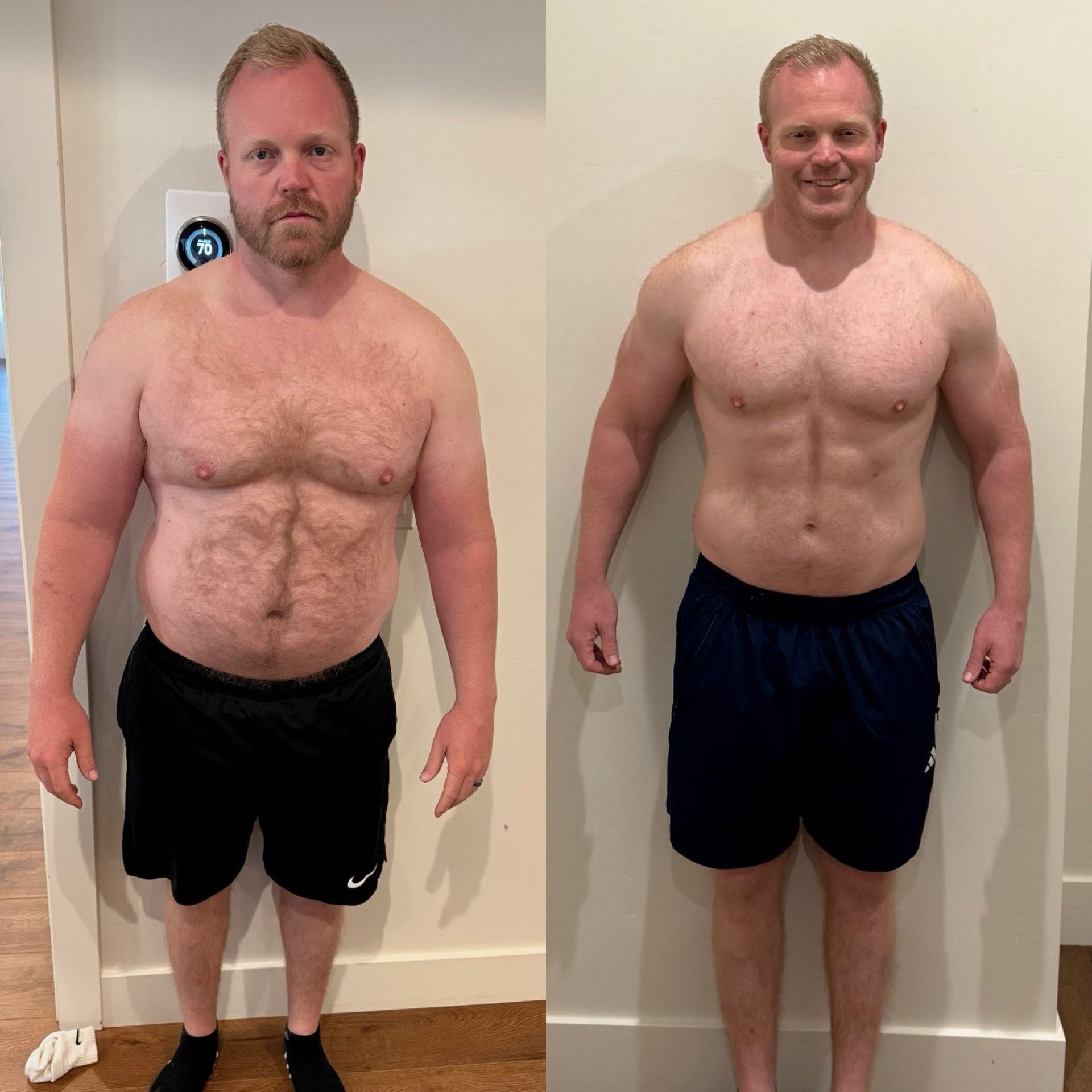 Two shirtless men stand side by side against a wall, one heavier and one more muscular, wearing shorts.