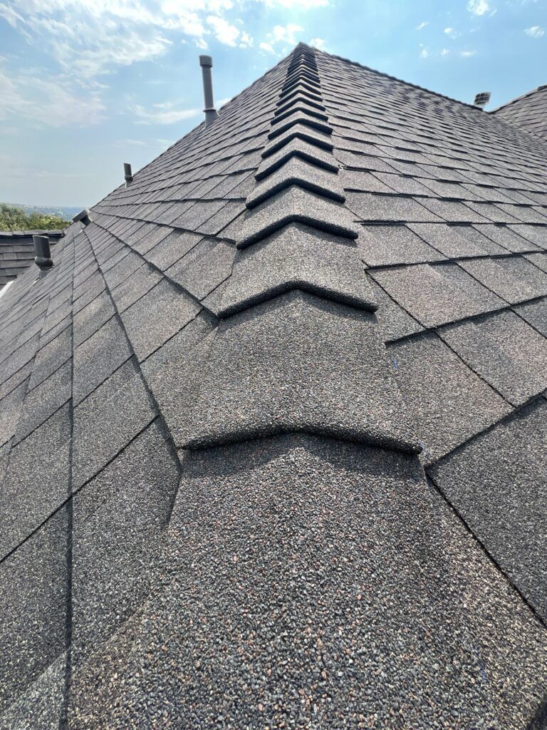 View of a dark gray shingle roof on a structure against a blue sky.