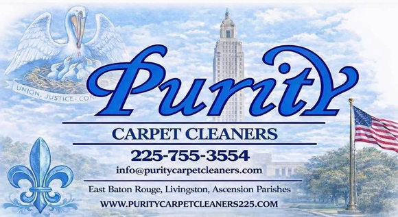 Purit Carpet Care ad with blue logo, phone number, website, and sky, church, and U.S. flag imagery