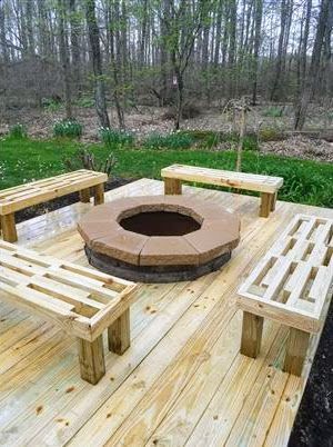 A wooden deck with a fire pit and benches.