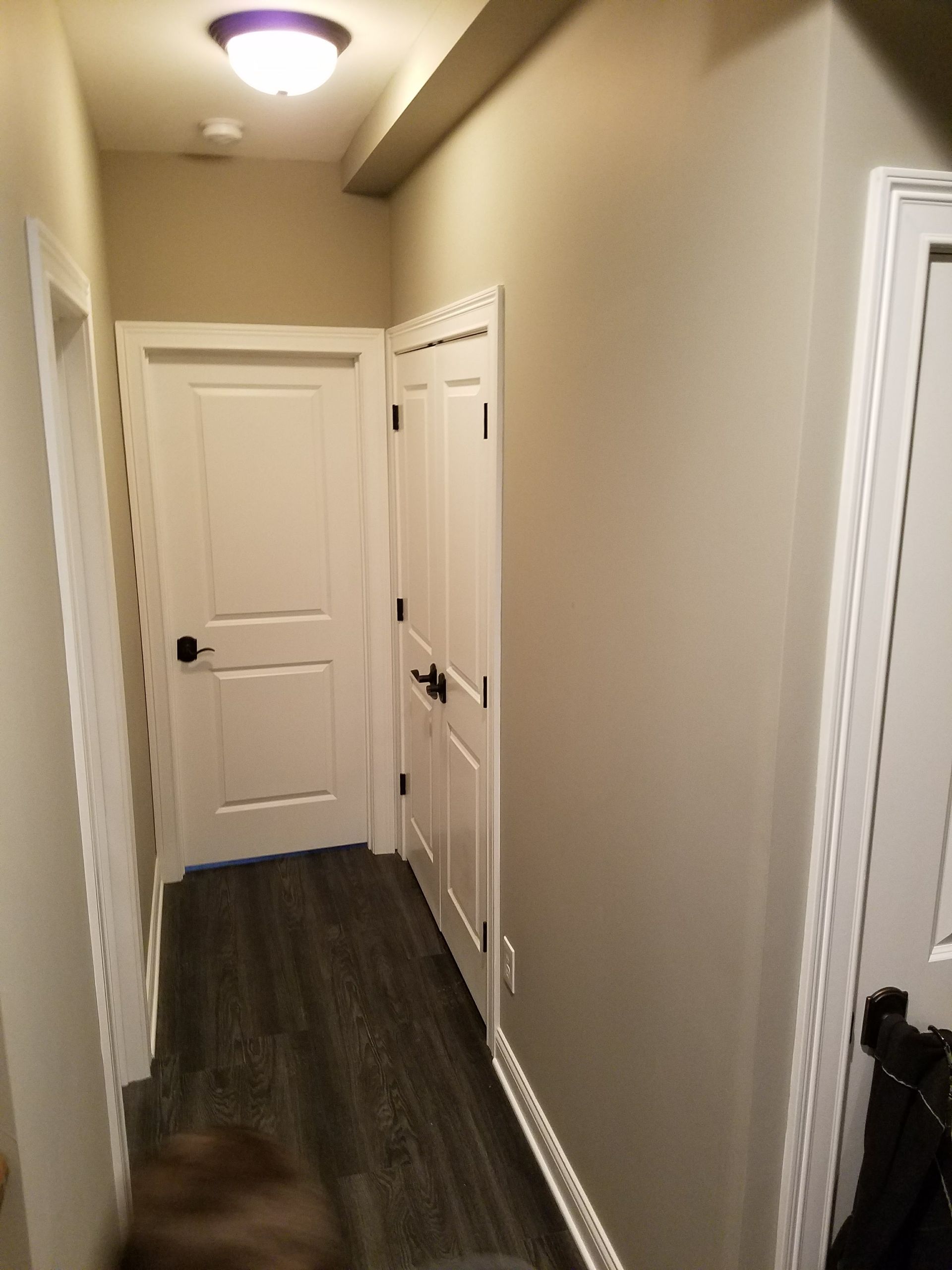 A hallway with white doors and a light on the ceiling