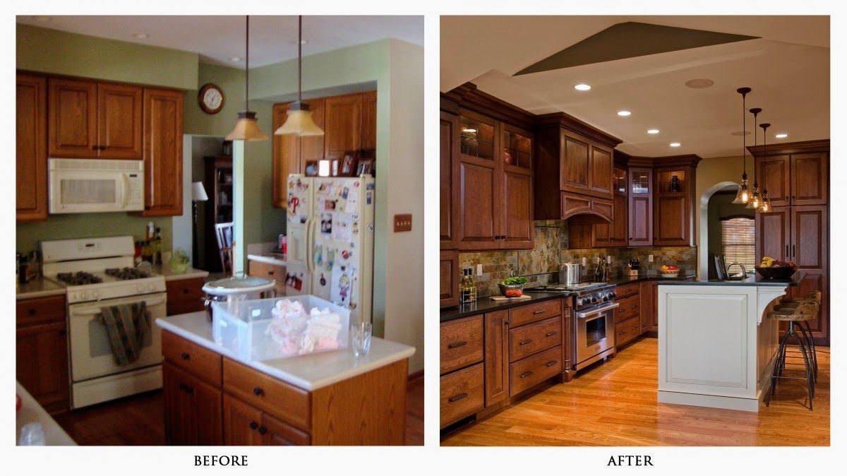 A before and after photo of a kitchen with wooden cabinets