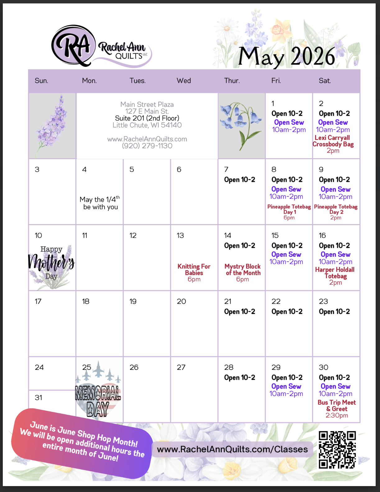 Image of monthly May 2026 Calendar with class and events list on their corresponding day