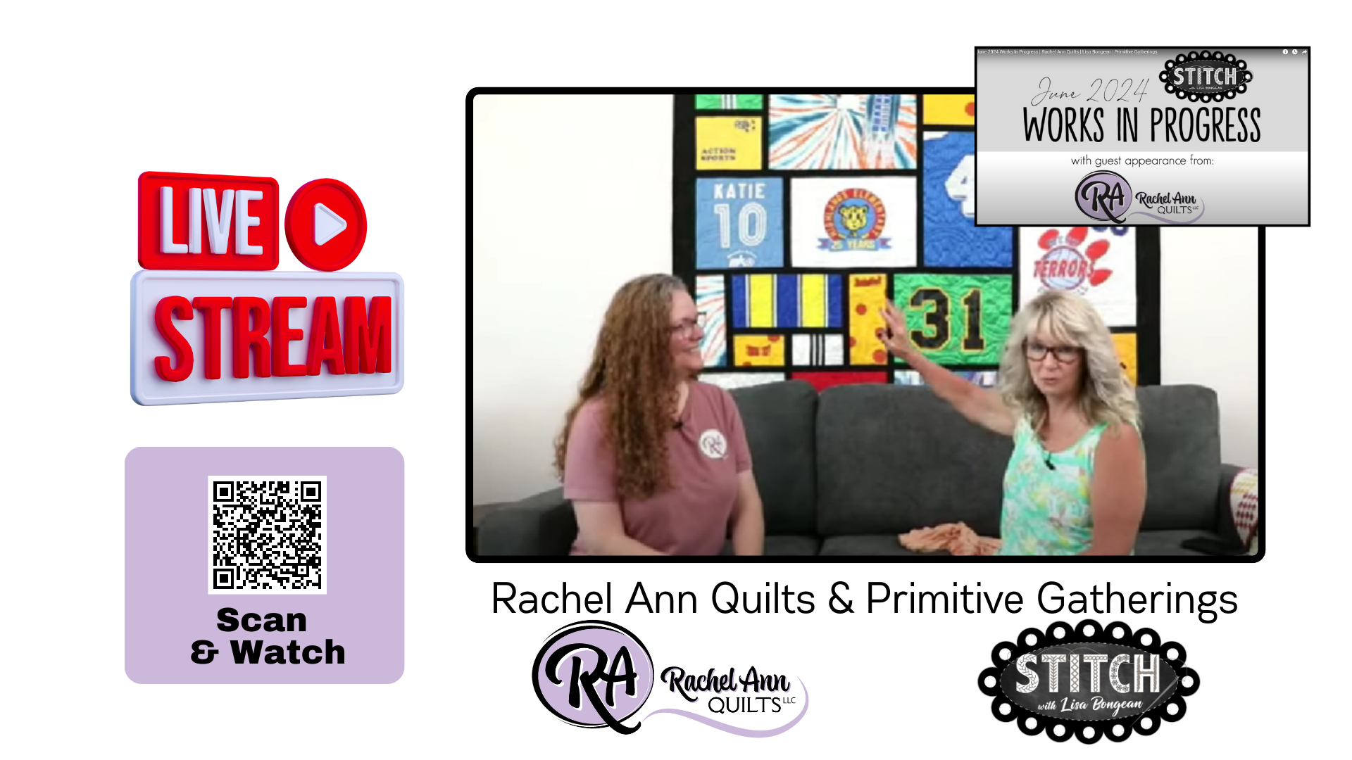 Rachel Ann of Rachel Ann Quilts talking with Lisa on a YouTube Live from June 2024, 