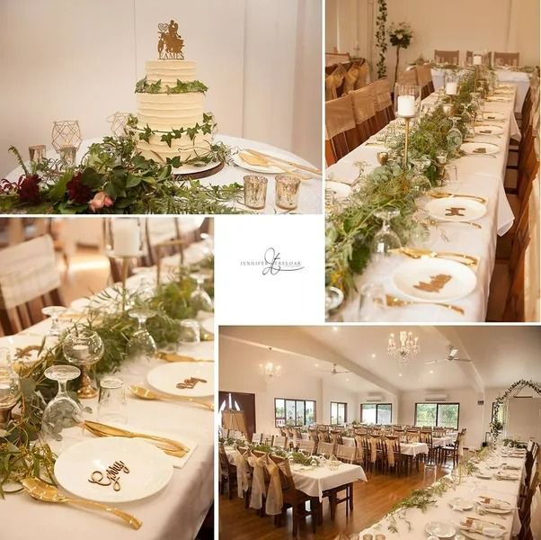 Tables Set With Floral Garlands, Cake, and Gold Accents in a Brightly Lit Venue — Villa Lamor in Balberra, QLD