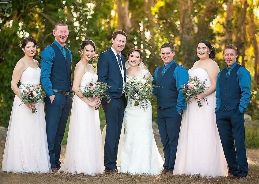 Bride and Bridesmaids in White, Groomsmen in Teal Vests — Villa Lamor in Balberra, QLD