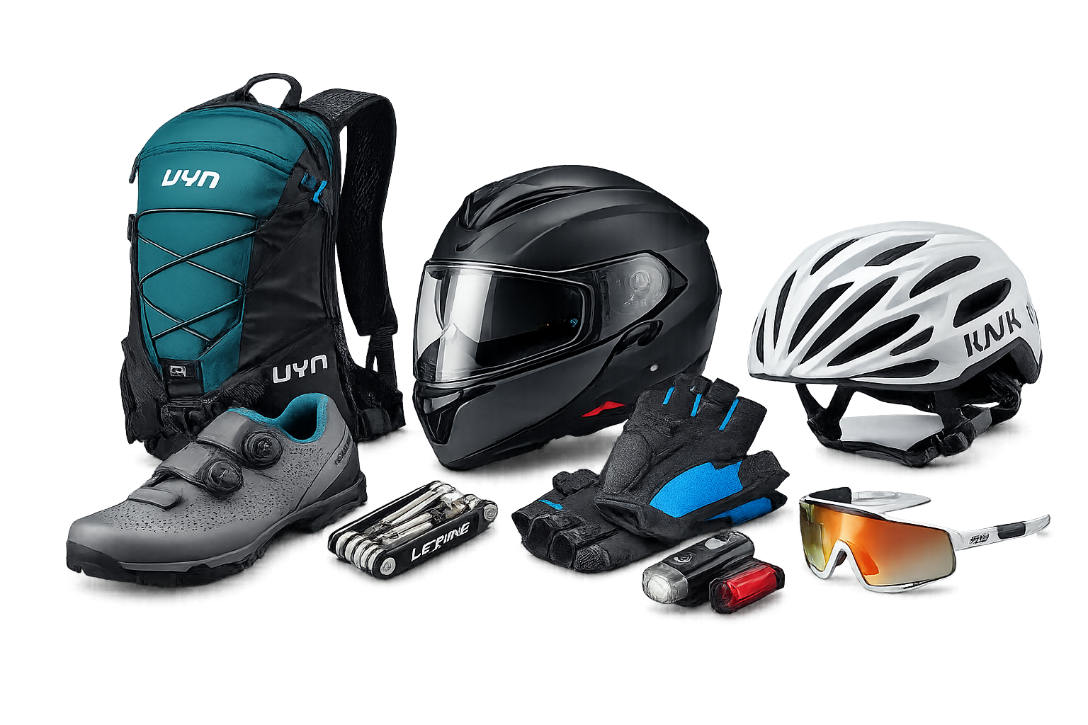 Attrezzatura da ciclismo: zaino, due caschi, scarpe, guanti, attrezzi, luci e occhiali da sole.