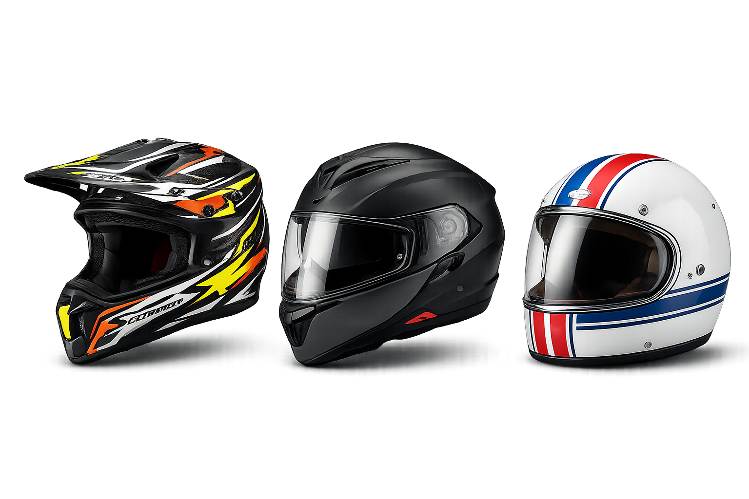 Tre caschi da moto: uno stile motocross con visiera, uno integrale nero e uno bianco con strisce da corsa.