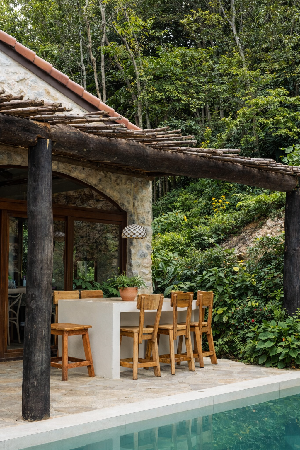 Bedroom with a large wooden headboard, two bedside tables with lamps, a vanity, and framed art.