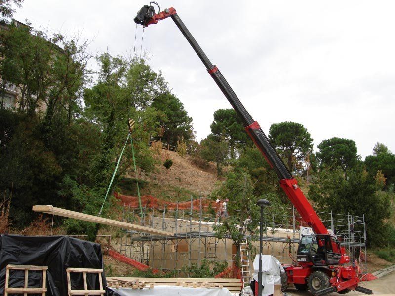 Una gru rossa solleva un grosso pezzo di legno