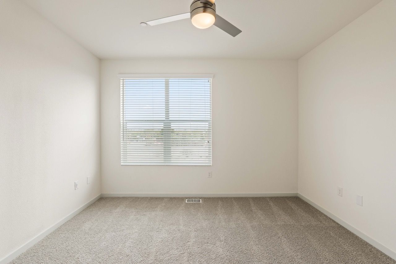 Empty carpeted bedroom with a window and ceiling fan.
