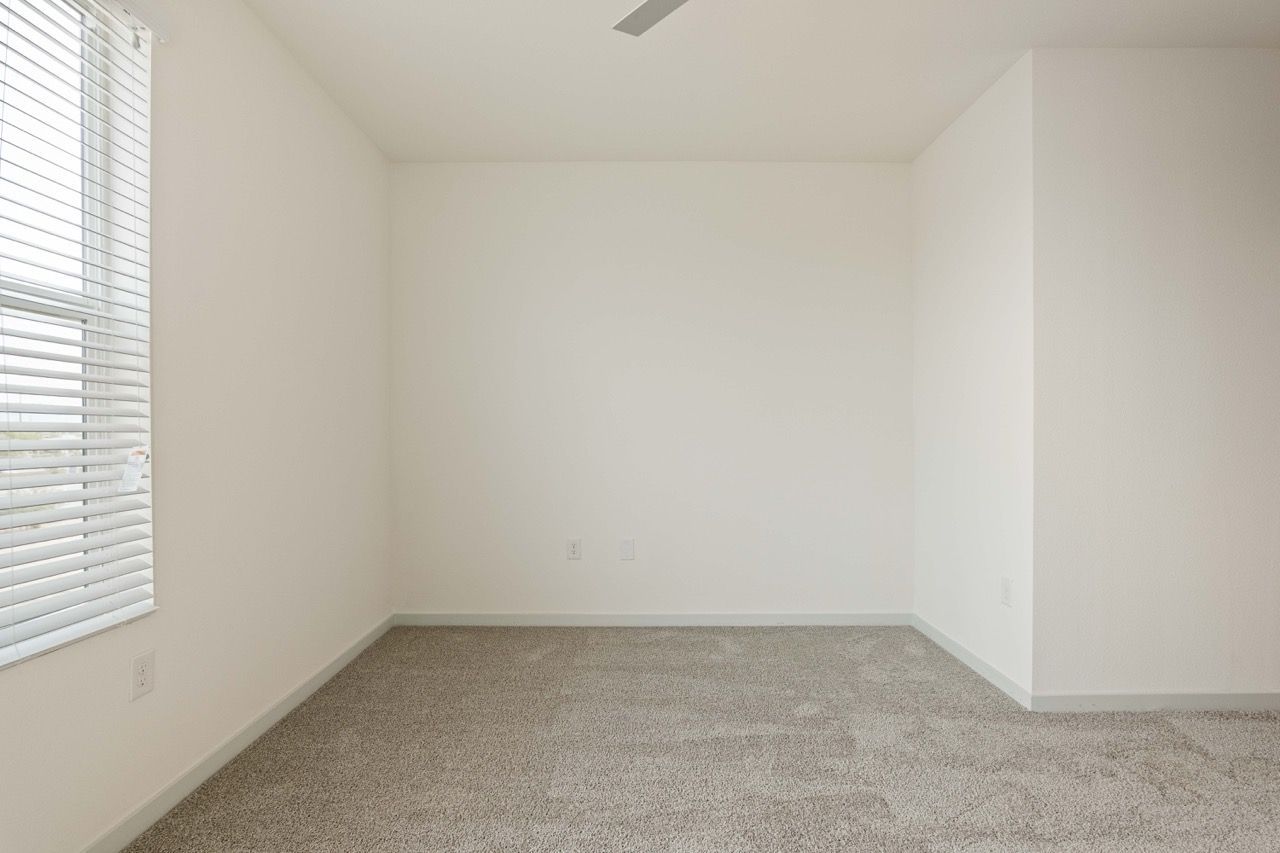Empty bedroom with white walls, beige carpet, and a window with blinds.
