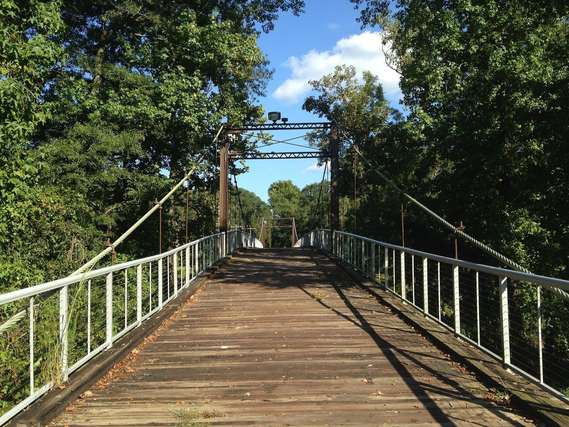 a wooden bridge with a white railing is surrounded by trees
