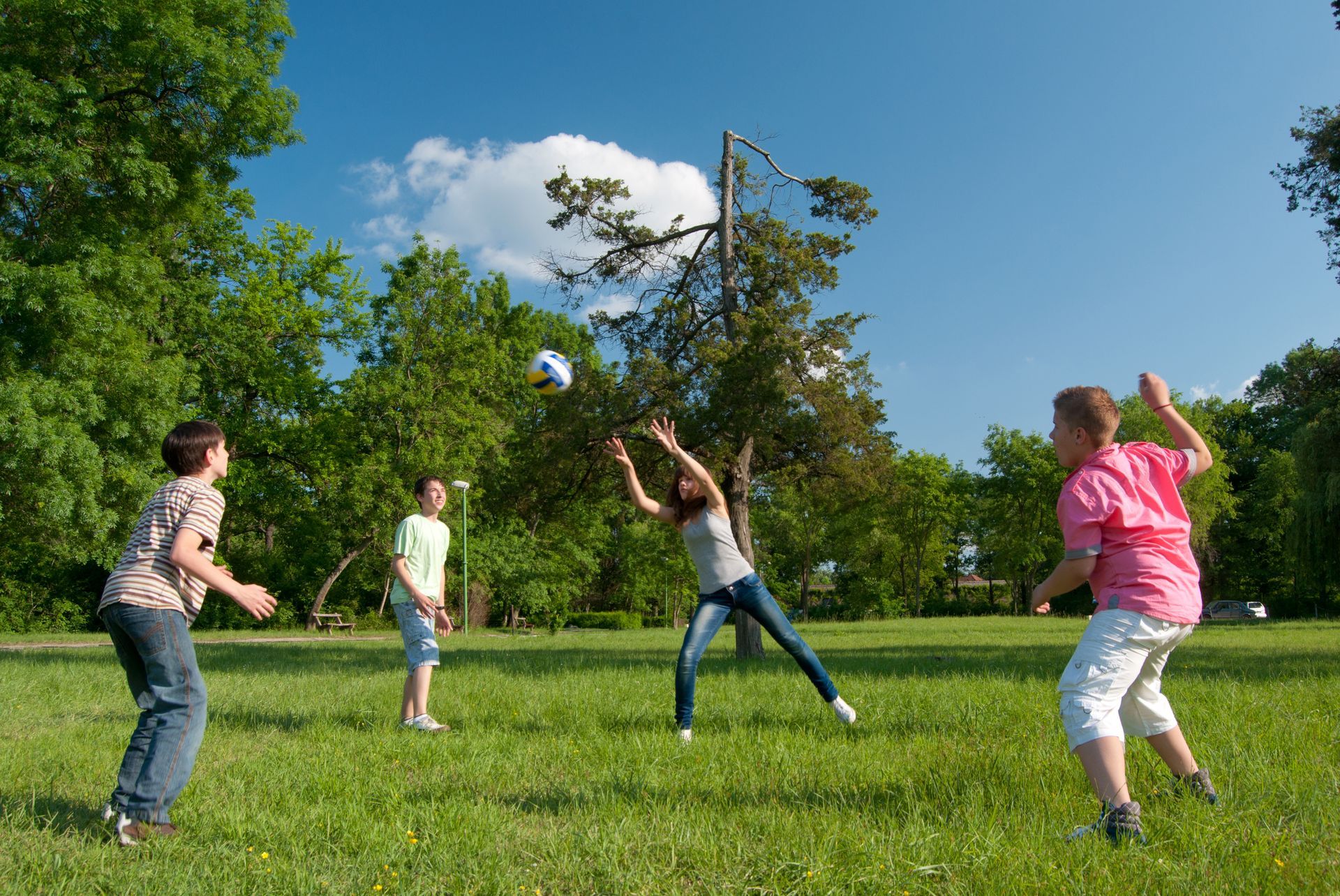 a group of children are playing volleyball in a park .