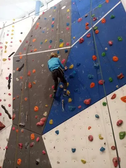 Person climbing a colorful indoor rock wall, using handholds and footholds.